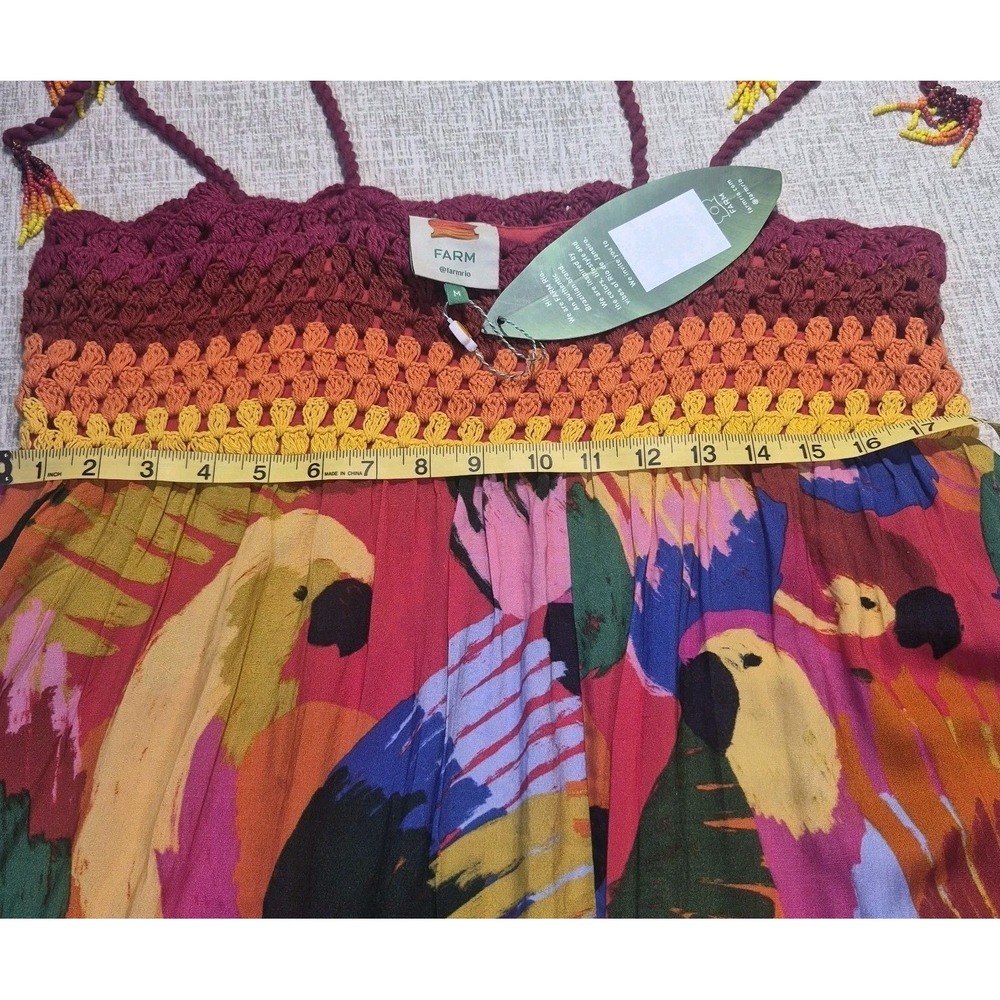 Farm Rio Macaw Party Dress Crochet Top Colorful Parrot Maxi Midi Sun Dress NWT - Picture 12 of 16